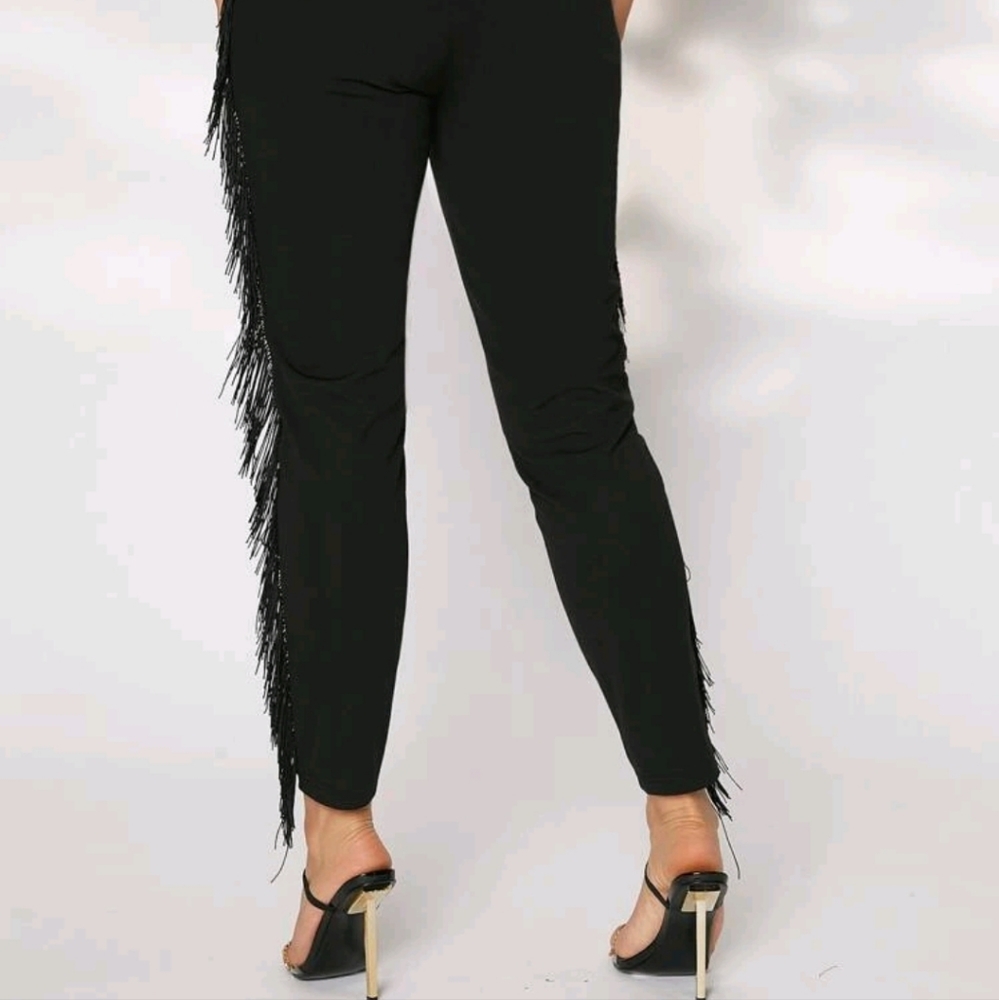 NEW BLACK FRINGE TRIM PANTS - Picture 3 of 8